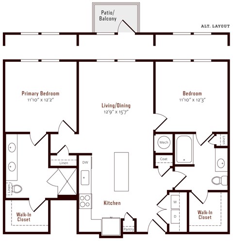 Floor plan for 2 beds, 2 baths, 1105 sqft